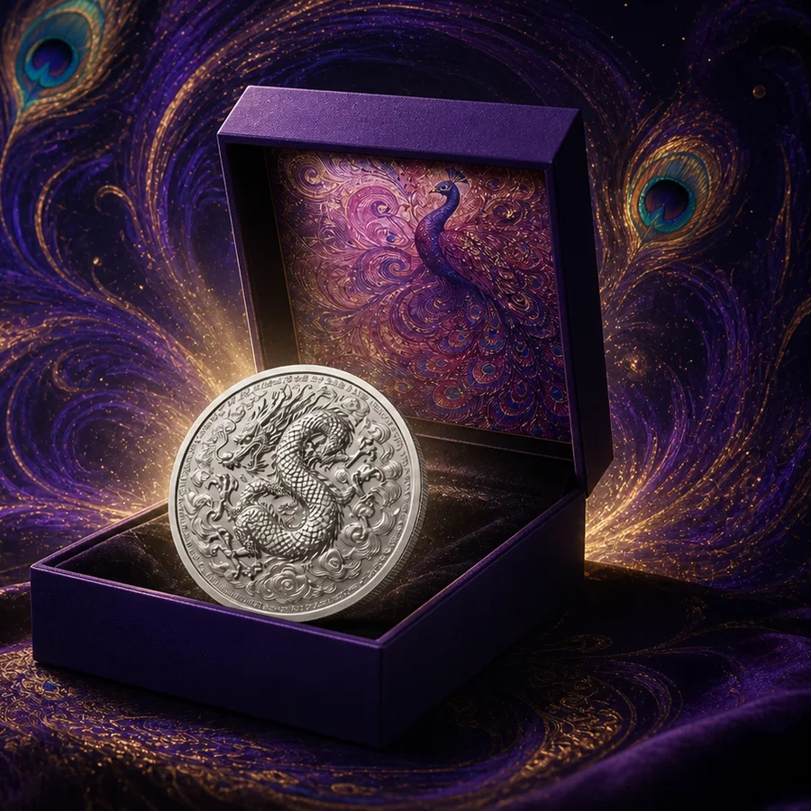 Silver Dragon Coin revealed from its purple peacock box