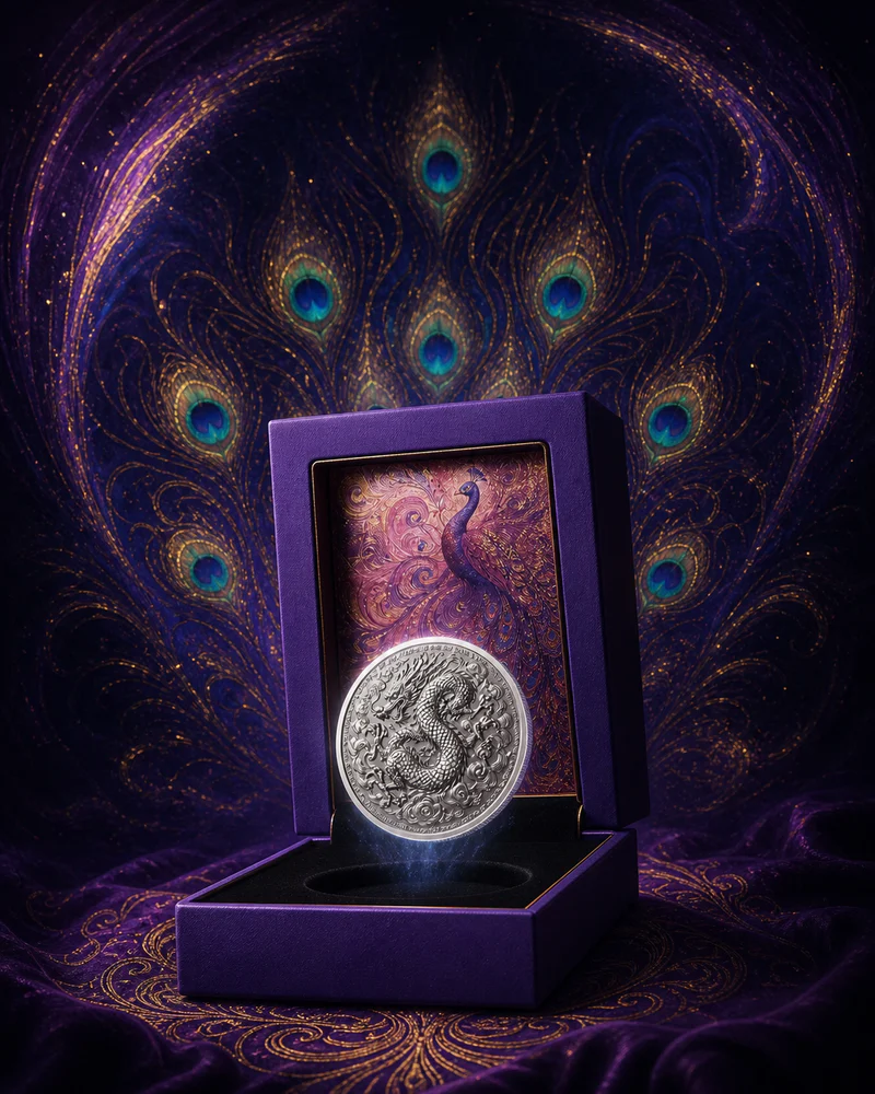 A silver Dragon Coin revealed from its purple peacock presentation box